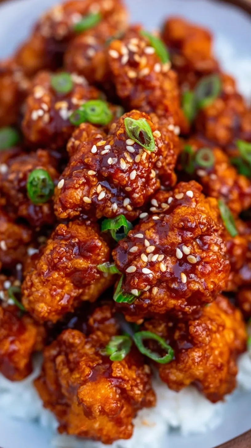 Golden brown crispy Korean fried chicken wings glazed in a red spicy sauce and topped with sesame seeds