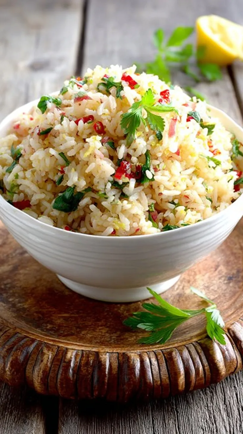 A bright bowl of lemon rice salad with fresh herbs, cucumbers, and toasted pine nuts.