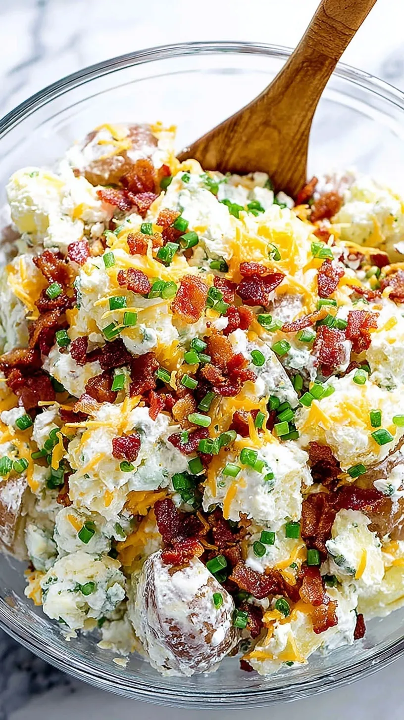 A bowl of creamy loaded baked potato salad topped with bacon, cheddar cheese, and green onions.