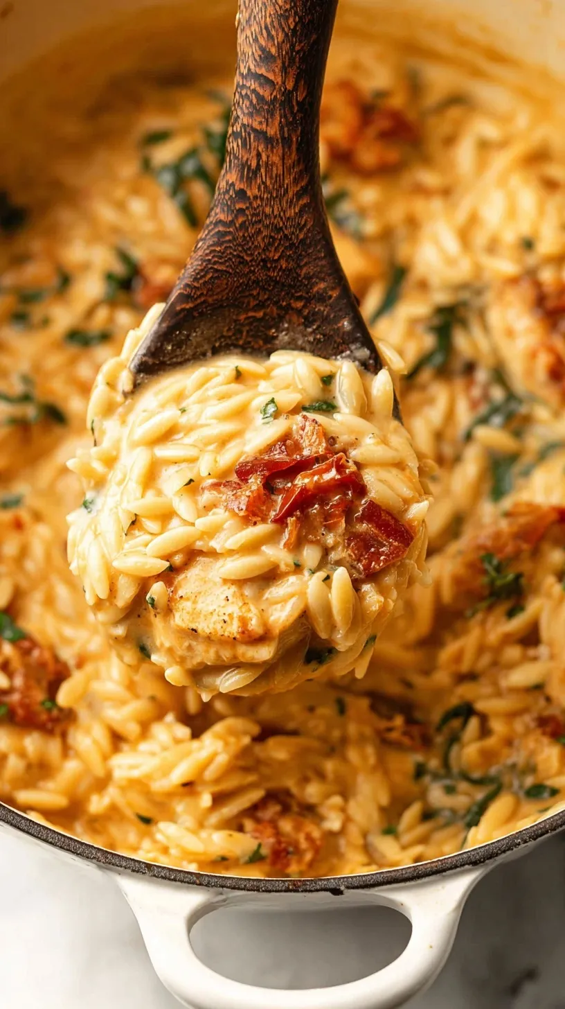 A skillet of creamy Marry Me Chicken Orzo with sun-dried tomatoes and fresh spinach