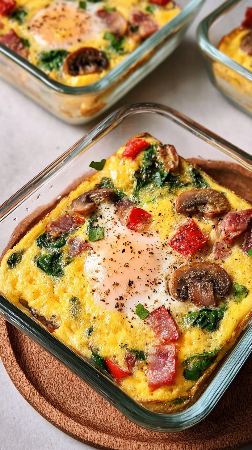 A tray of golden brown meal prep breakfast egg muffins with spinach and red peppers