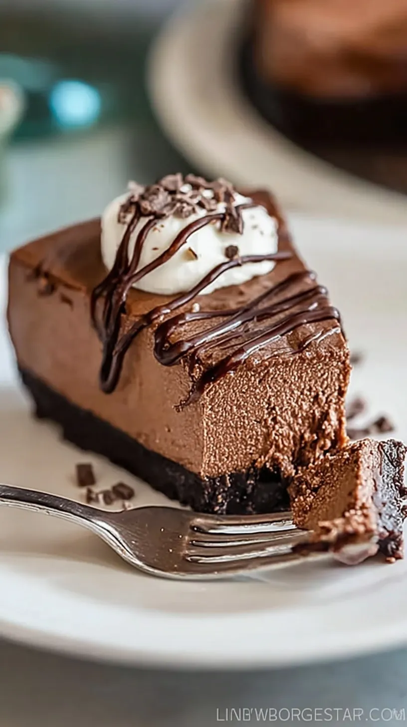 A slice of dense chocolate keto cheesecake with a dark almond crust on a white plate
