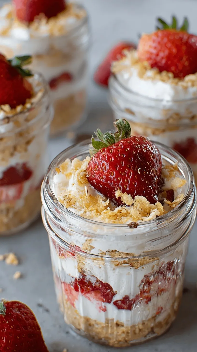 Six small glass jars filled with graham cracker crust, white cheesecake filling, and bright red strawberry topping.