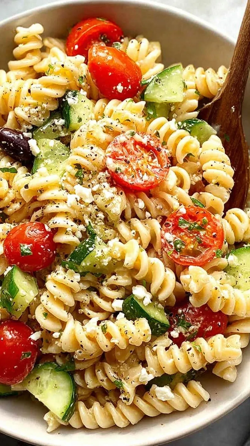 A colorful bowl of Classic Italian Pasta Salad with rotini, tomatoes, and mozzarella pearls