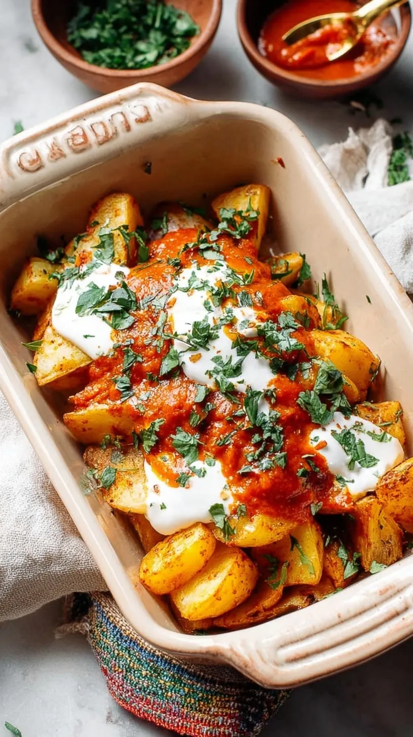 Golden crispy potato cubes topped with a vibrant red smoky tomato sauce on a white plate.
