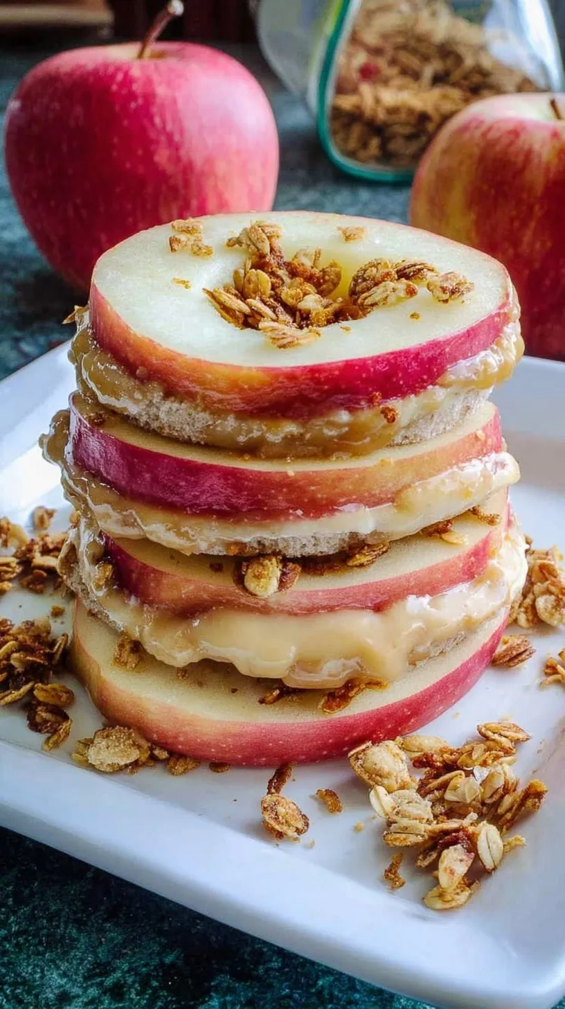 A stack of sliced apple rings layered with creamy peanut butter and crunchy granola