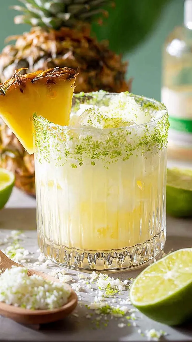A refreshing Pineapple Coconut Margarita in a coconut-rimmed glass with a pineapple garnish