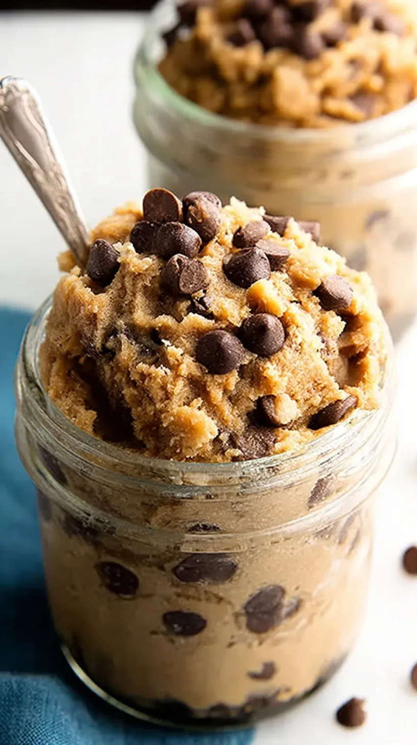 A small bowl of edible protein cookie dough with chocolate chips and a spoon.