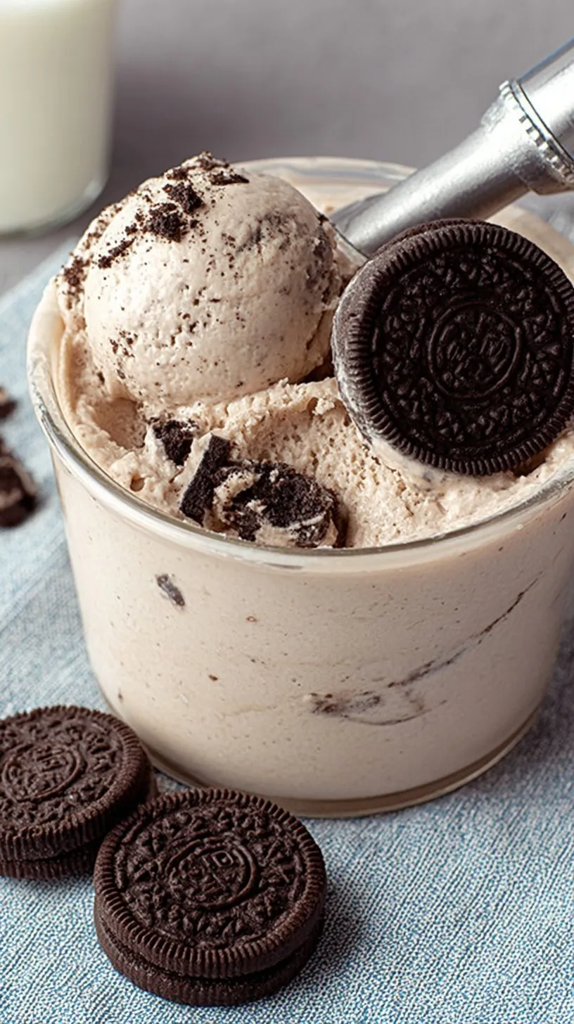 A pint of creamy cookies and cream protein ice cream with cookie chunks.