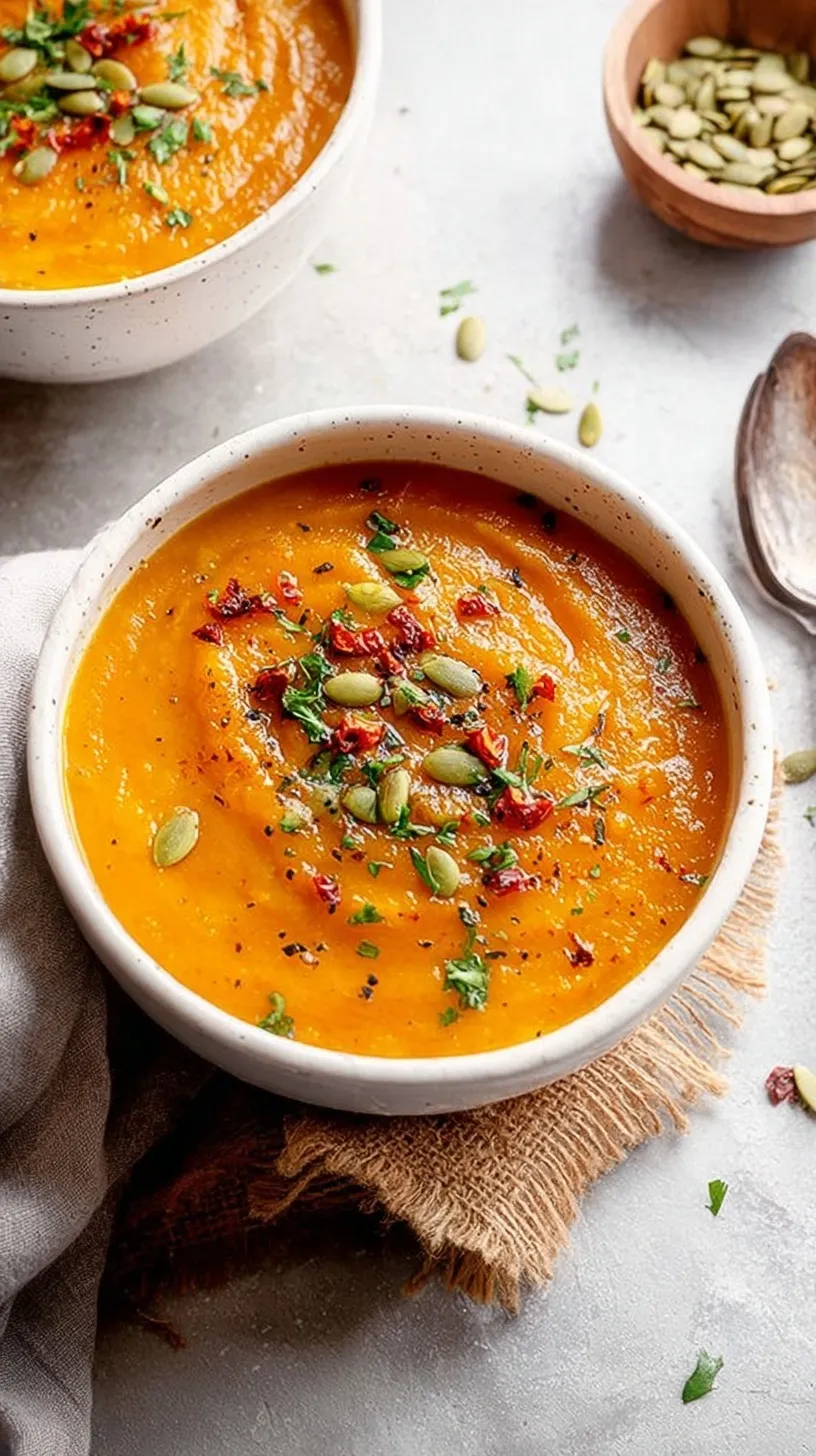 A steaming bowl of creamy orange pumpkin and sweet potato soup with a swirl of cream on top.