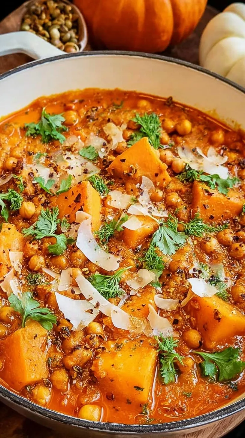 A bowl of creamy orange pumpkin curry with chickpeas and green spinach garnish