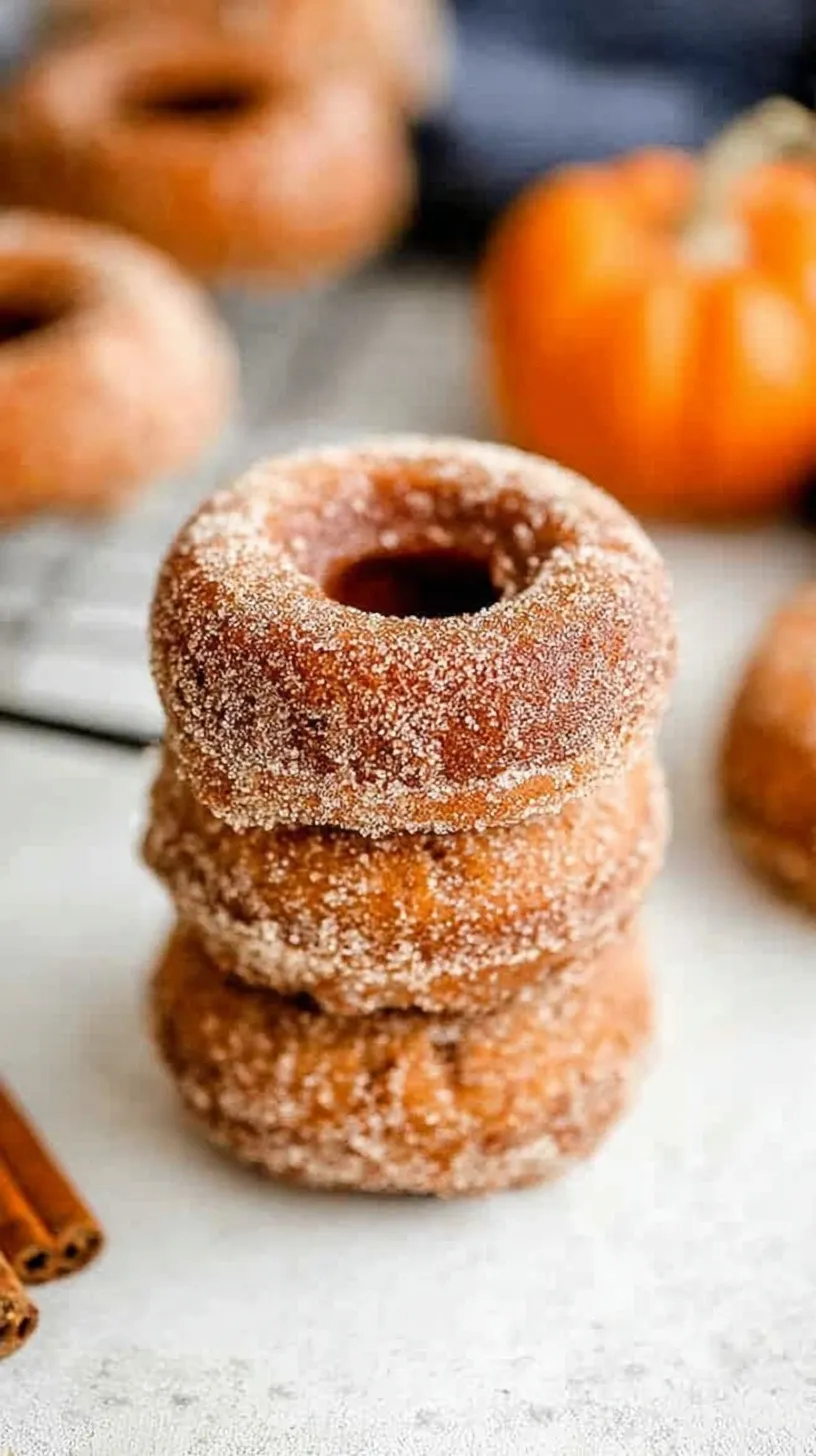 Golden brown pumpkin spice baked donuts coated in cinnamon sugar on a wire rack.