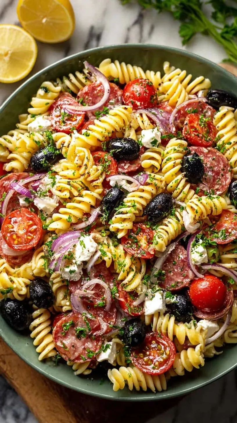 A colorful bowl of Italian pasta salad with rotini, mozzarella pearls, and pepperoni.