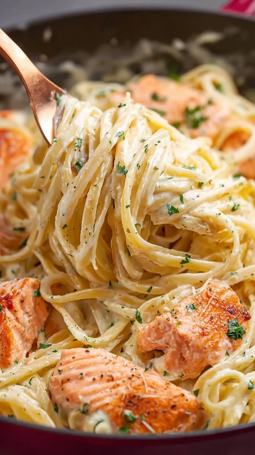 A bowl of creamy salmon pasta with fresh dill and lemon zest on top.