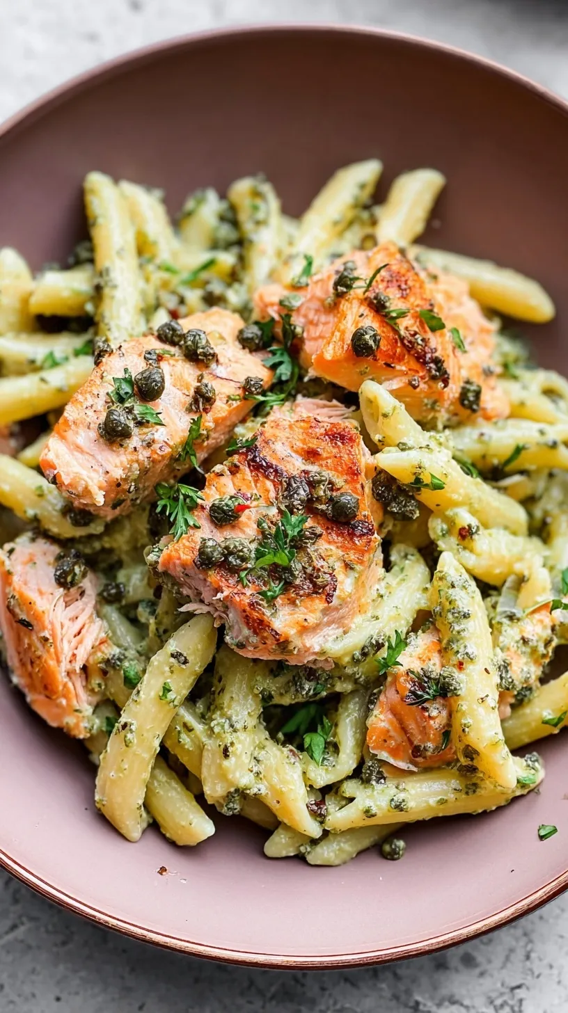 Golden pan-seared salmon cubes tossed with penne pasta and vibrant green basil pesto