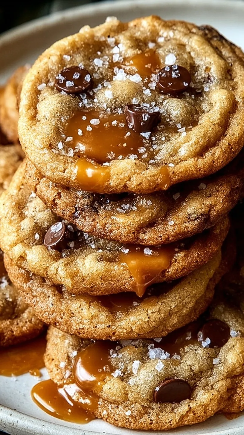 A stack of golden brown cookies with melty caramel bits and a sprinkle of flaky sea salt on top.
