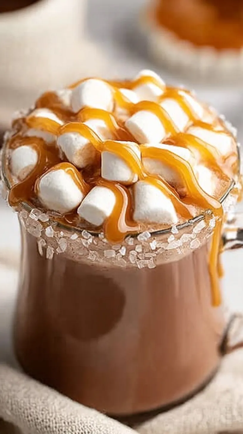 A mug of creamy hot chocolate topped with whipped cream and caramel drizzle.