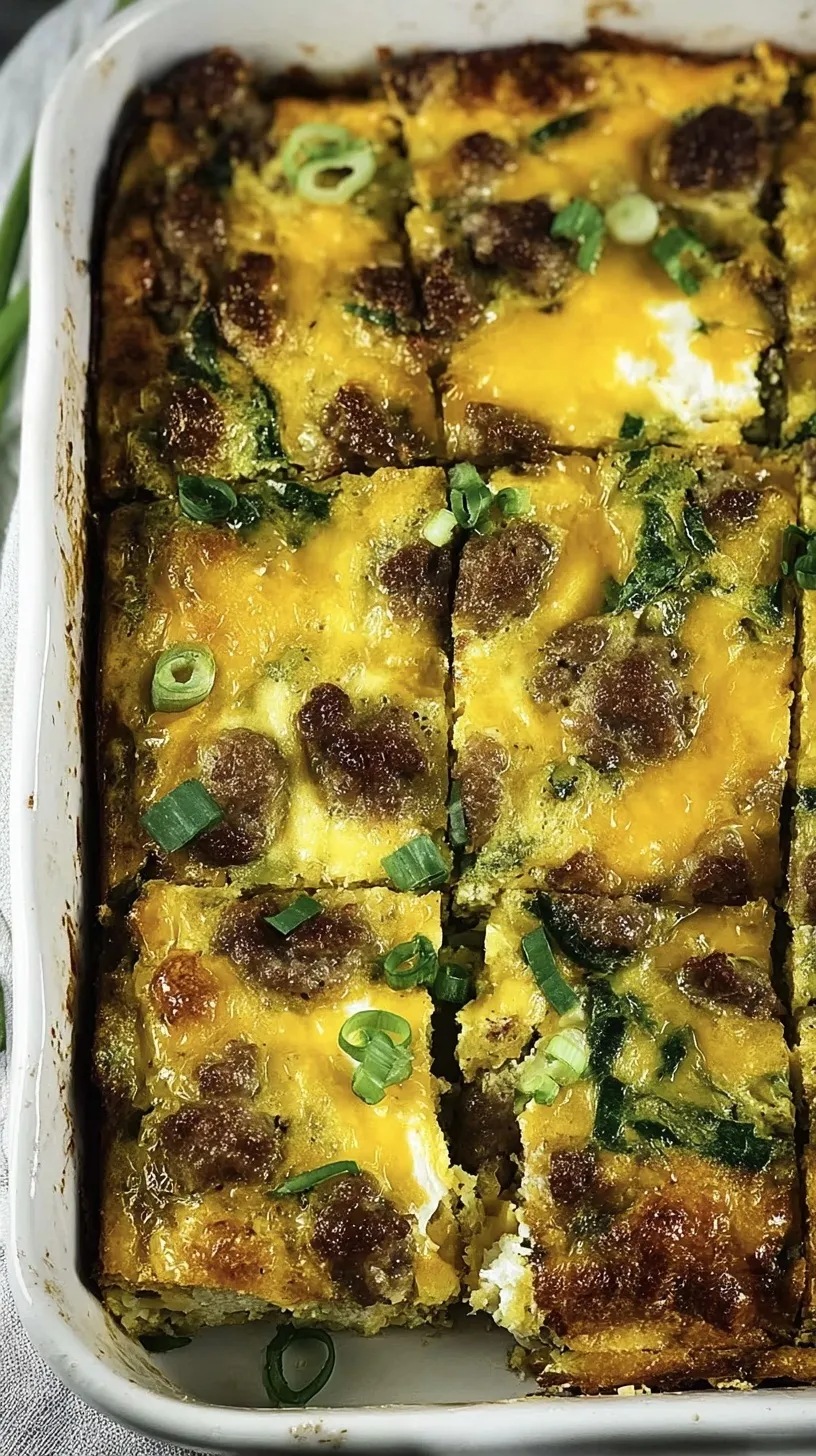 A golden brown Sausage & Egg Keto Breakfast Casserole in a ceramic dish with melted cheese and green onions.