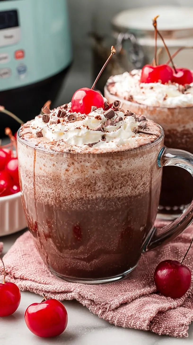 A mug of rich cherry hot chocolate topped with whipped cream and a maraschino cherry.