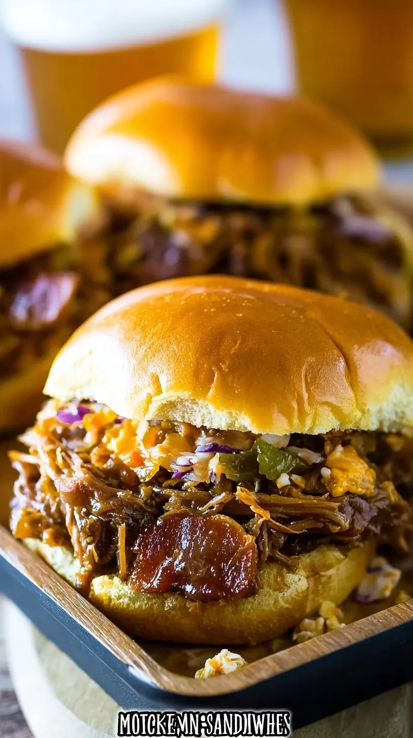 Shredded beef cowboy sandwich with melted pepper jack cheese on a toasted brioche bun