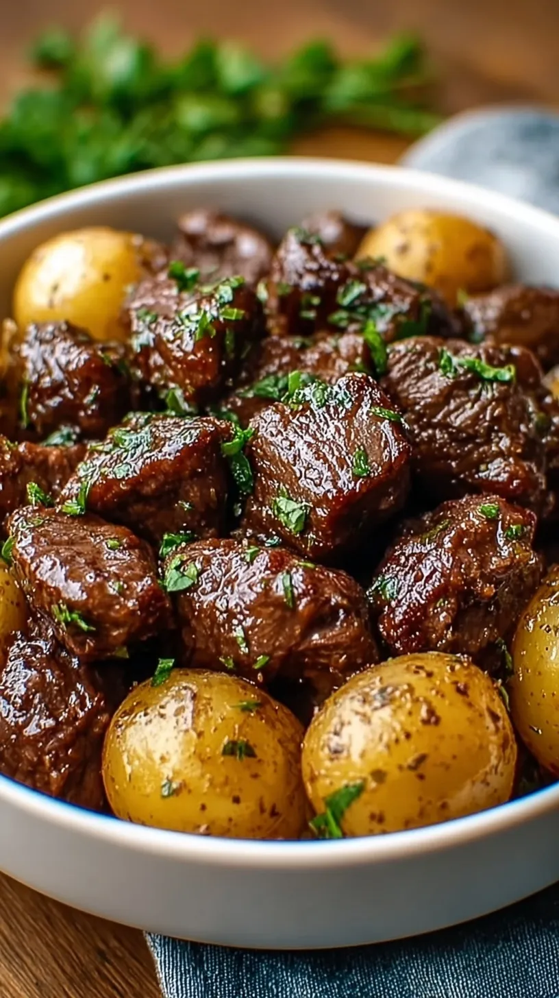Slow cooker filled with tender beef cubes and golden baby potatoes in a garlic butter sauce.