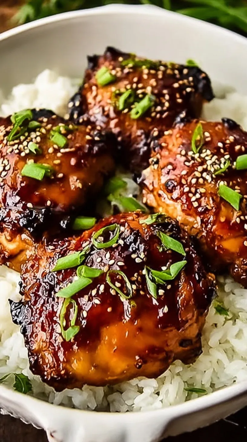 Tender pieces of honey garlic chicken garnished with sesame seeds and green onions served over white rice.