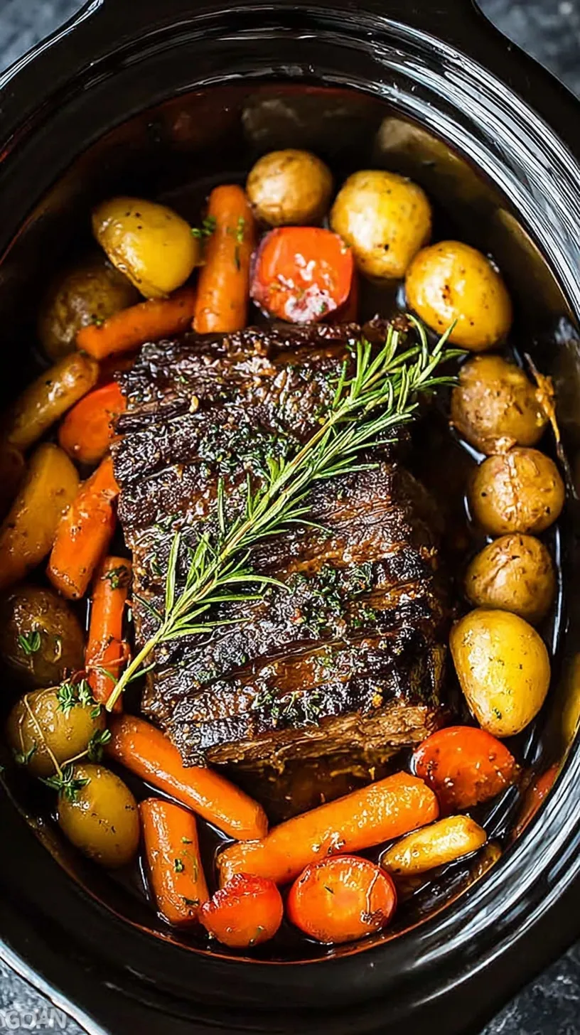 A platter of tender slow cooker pot roast with carrots and potatoes