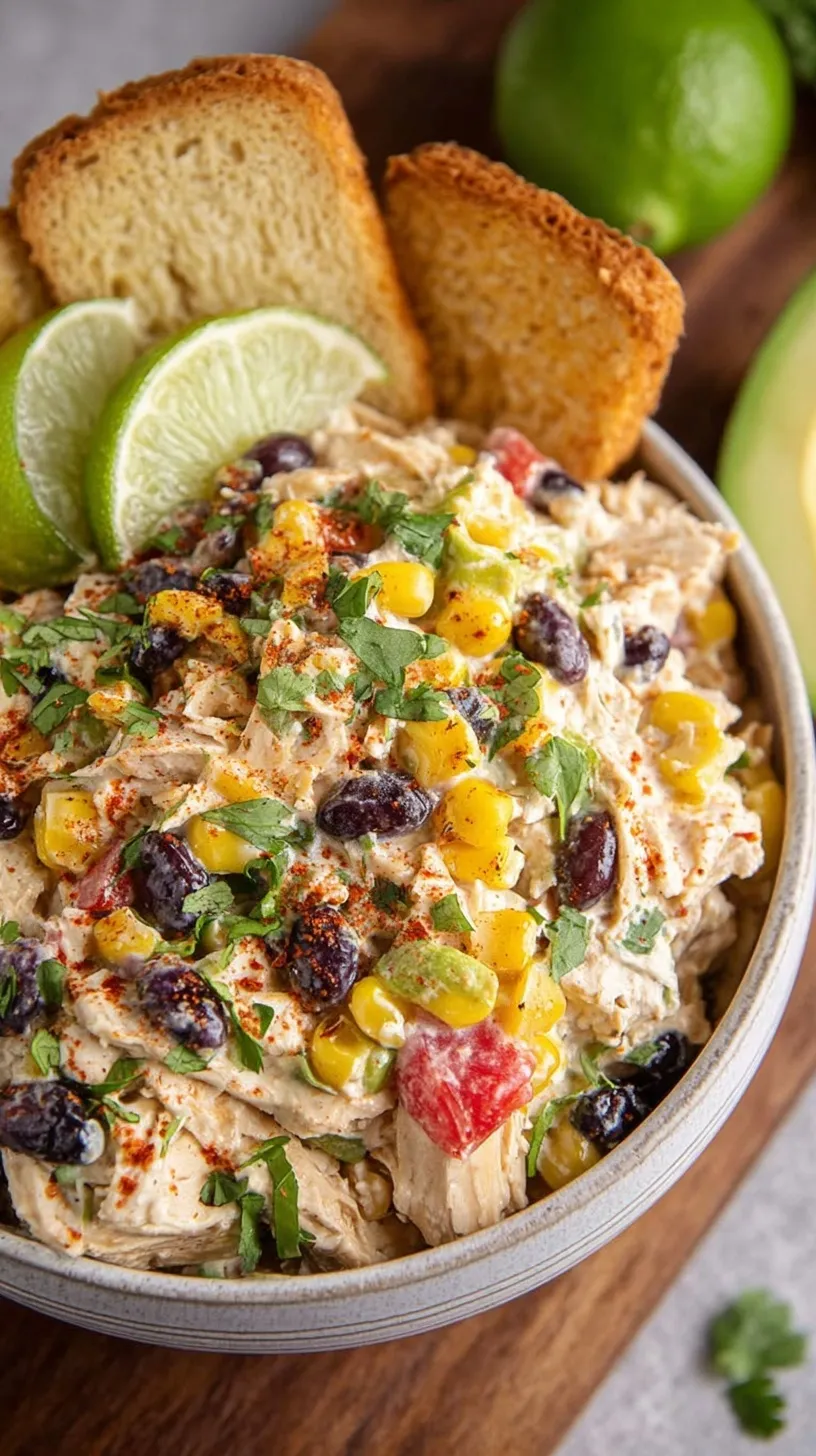 A colorful Southwest Chicken Salad in a white bowl with sliced grilled chicken, avocado, and tortilla strips.