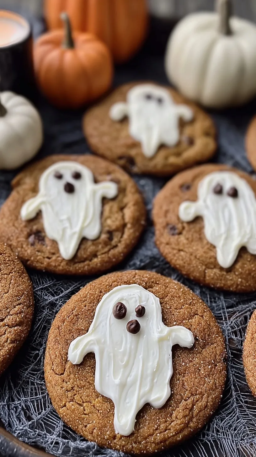 Soft pumpkin cookies decorated with white chocolate ghosts and mini chocolate chip eyes on a baking sheet.