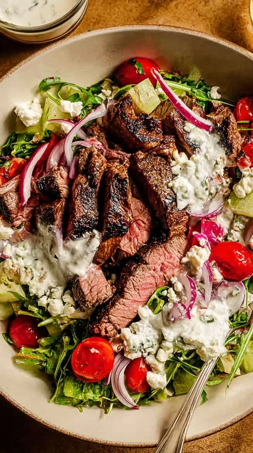 Sliced pan-seared steak over a bed of mixed greens with blue cheese and cherry tomatoes