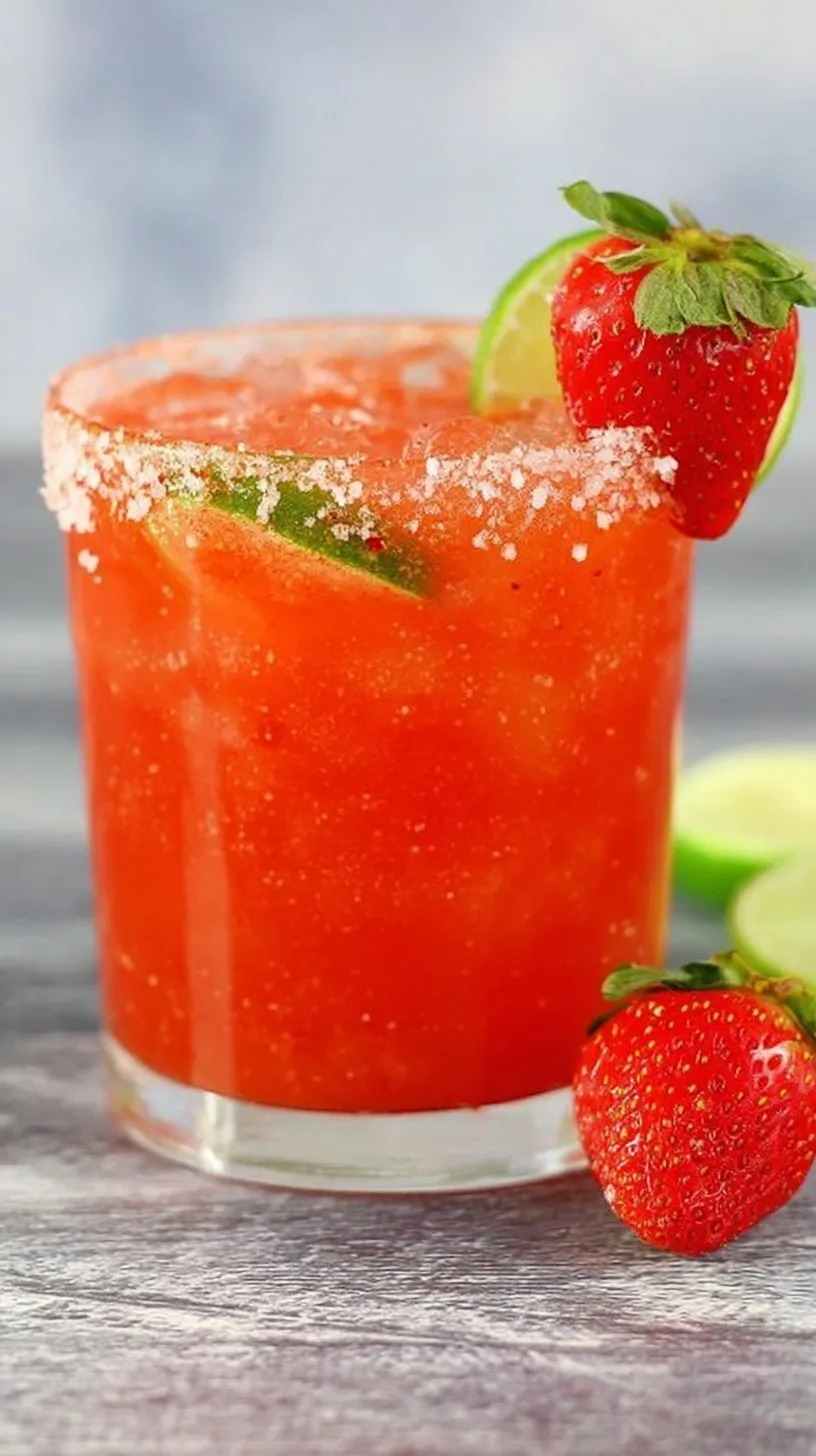 A bright red frozen strawberry margarita in a sugar-rimmed glass with a lime garnish.