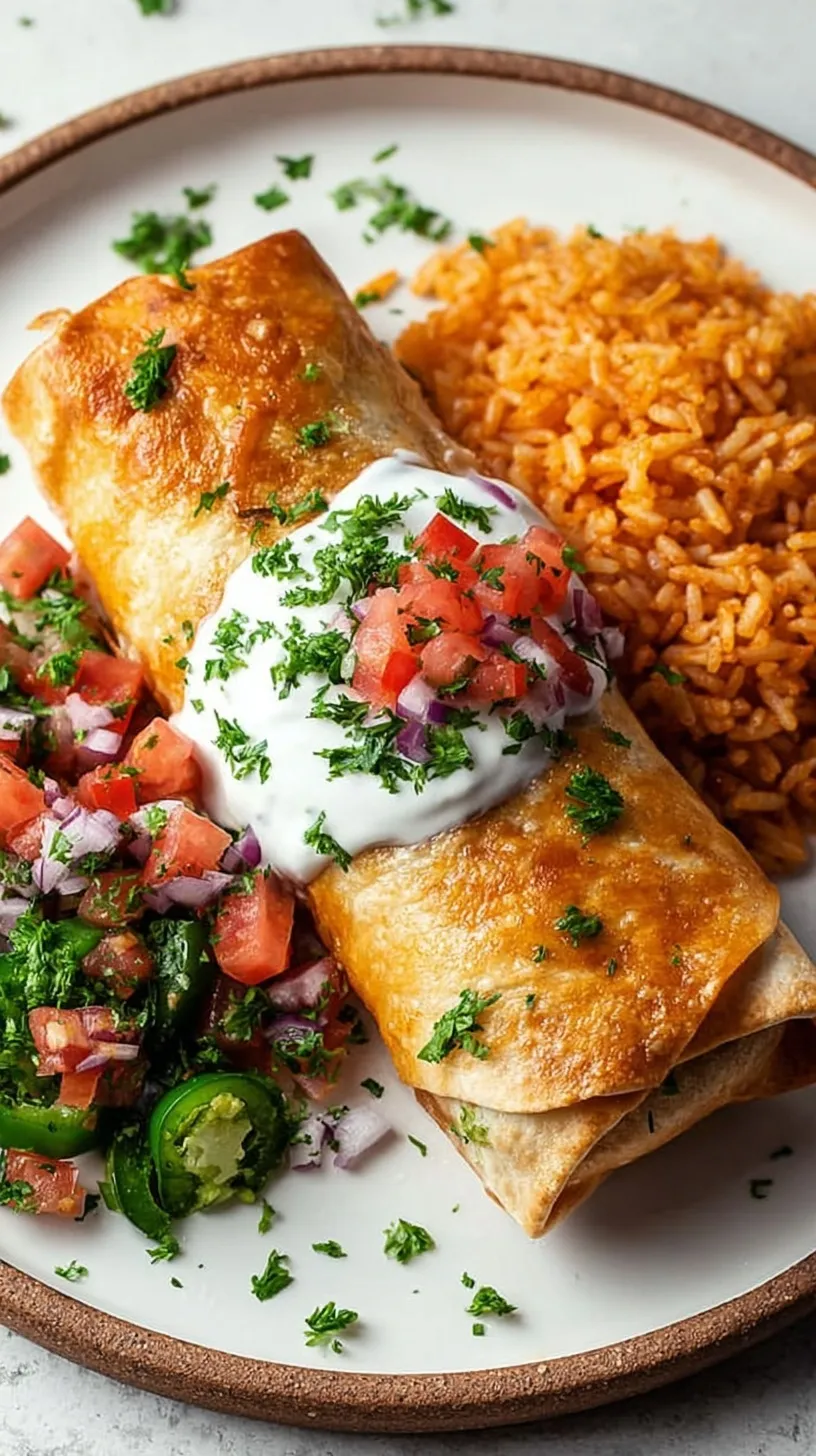 Golden brown fried chicken chimichangas served on a plate with sour cream and guacamole