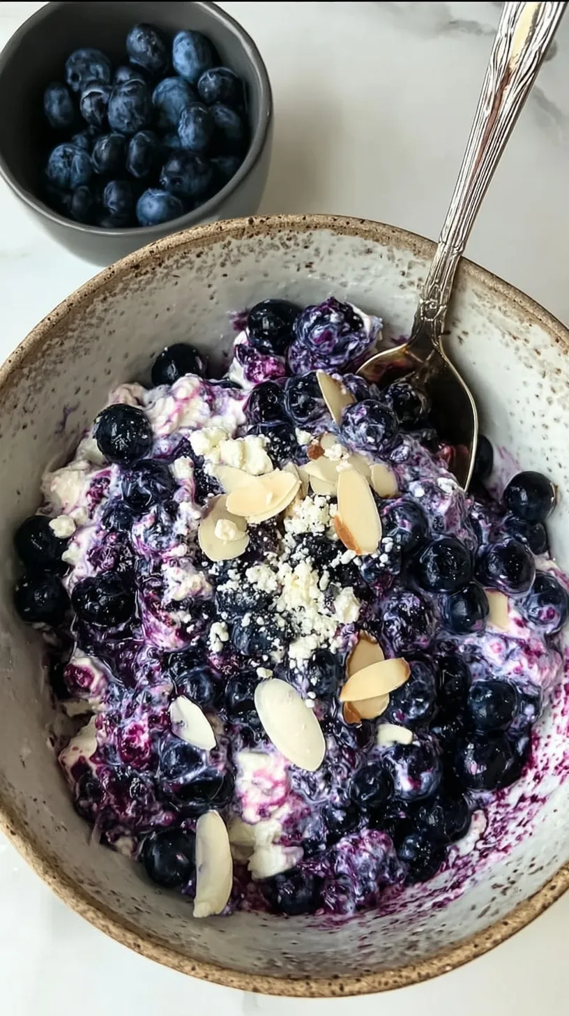 A creamy blueberry cottage cheese bowl topped with warm jammy berries and toasted almonds.