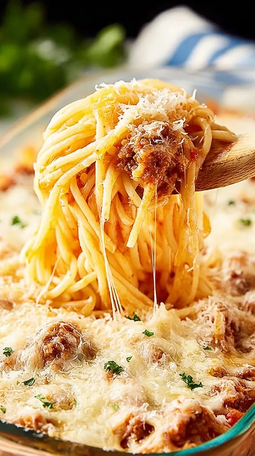 A close up shot of a slice of baked TikTok Spaghetti with layers of meat sauce, alfredo pasta, and melted mozzarella cheese.