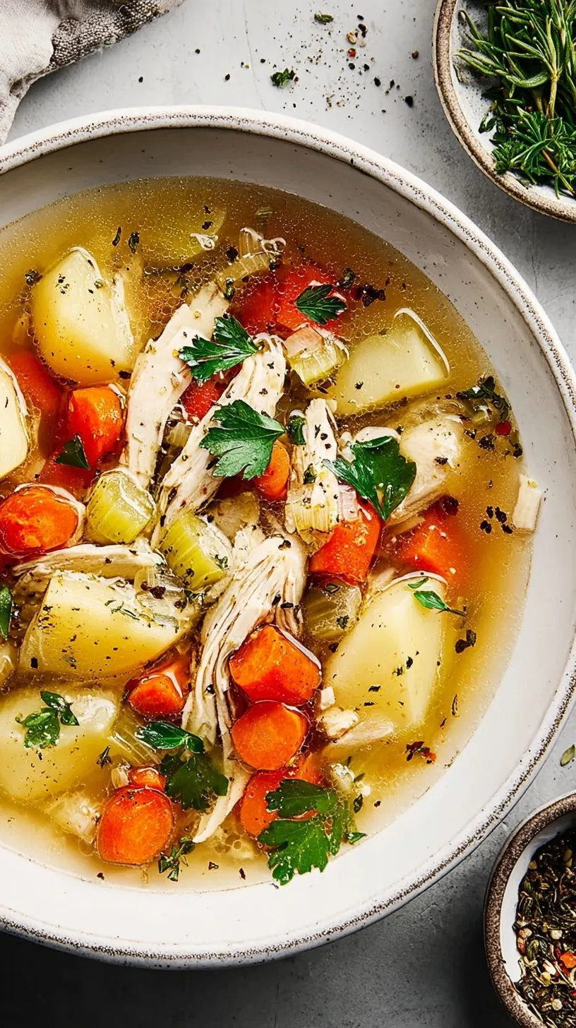 A steaming bowl of ultimate chicken soup with wide egg noodles and fresh parsley.