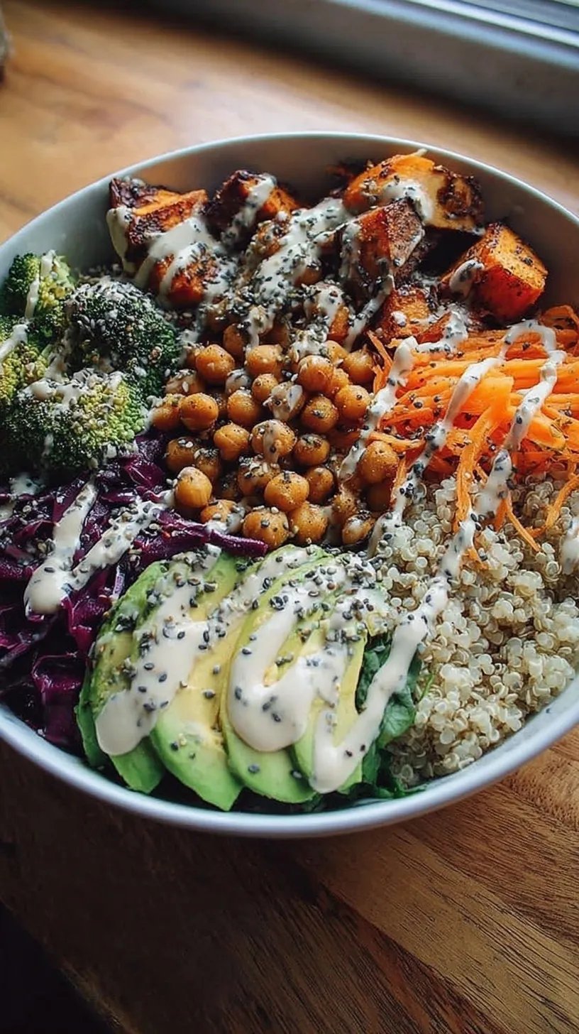 A vibrant Vegan Buddha Bowl with avocado, chickpeas, and tahini dressing